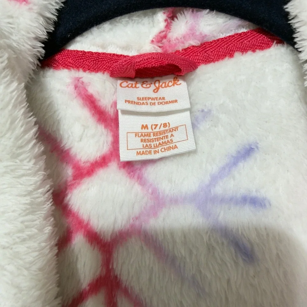 Cat & Jack Robe Girls Size M 7/8 White Pink Snowflake Hooded Fleece Plush Belted